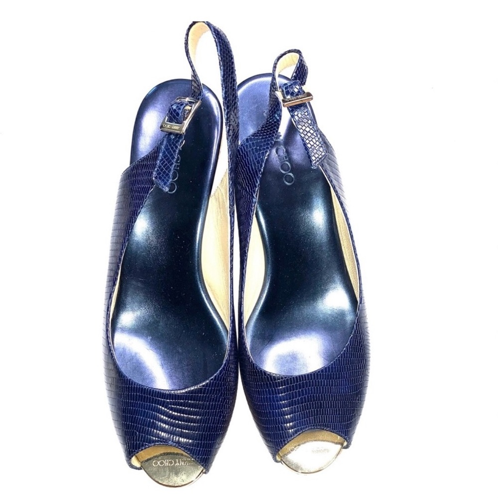 Jimmy Choo Blue Glossy Peep-Toe Heels